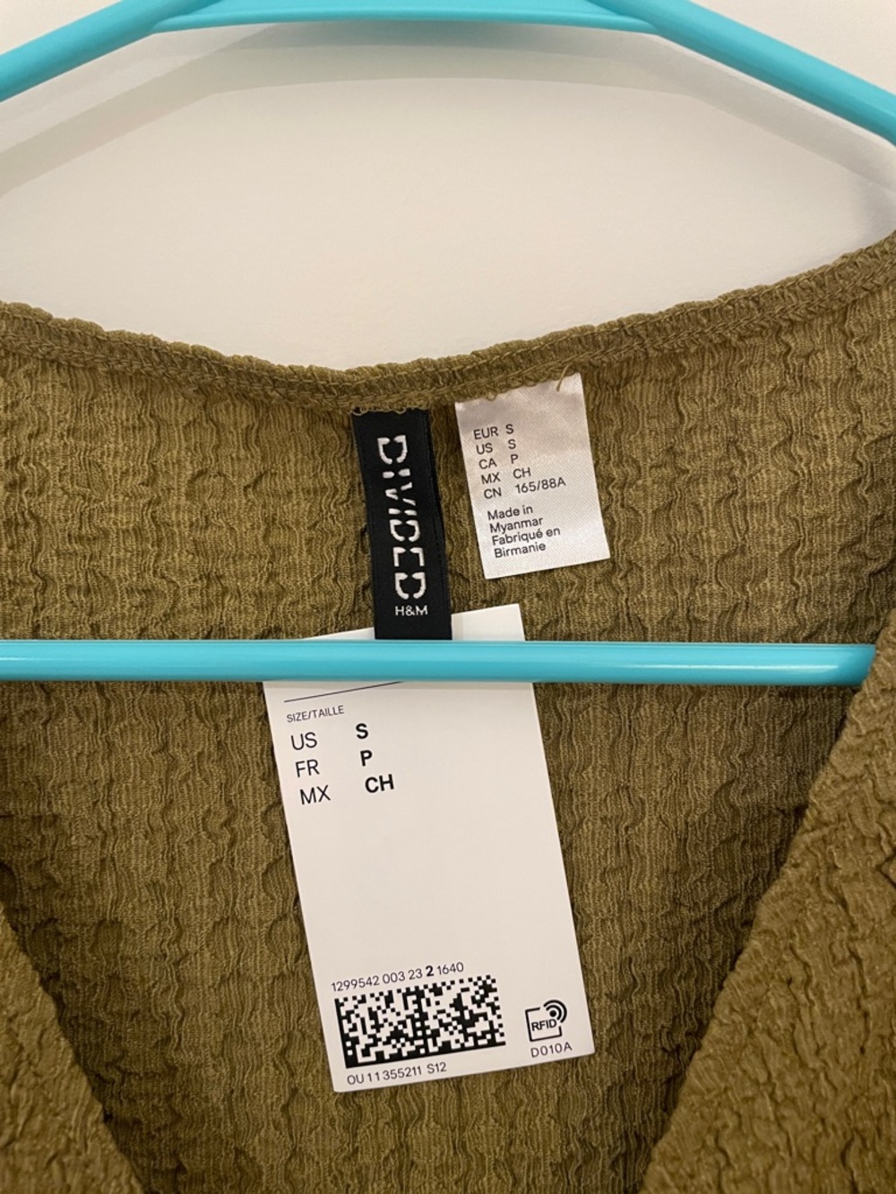 H&M Dark Olive Tie-Front Textured Top NWT - Picture 2 of 4